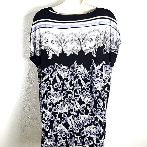 Jones New York Black, White & Gray Top w/Swirly Designs, Batwing Sleeve,Sz Large - Picture 6 of 8